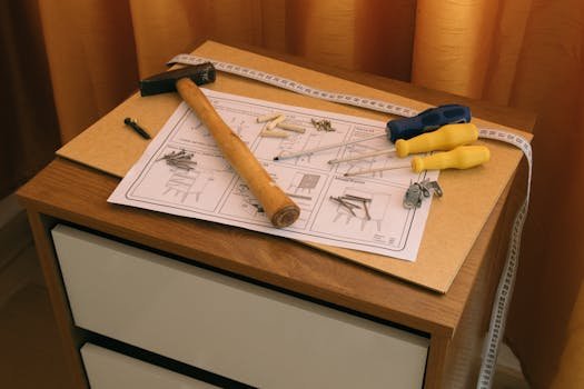 Flat lay of DIY furniture assembly with tools and instructions on a wooden desk.